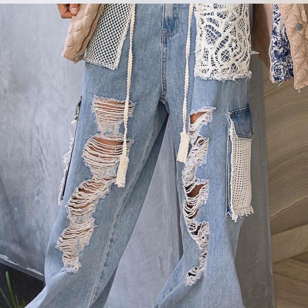 POL denim joggers with patchwork and lace